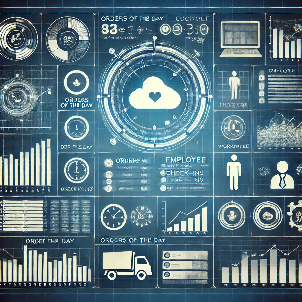 ExpertOrder EOCloud Cockpit – Tagesübersicht mit Bestellungen, angemeldeten Mitarbeitern, Arbeitsstunden und Produktivitätskennzahlen auf einen Blick